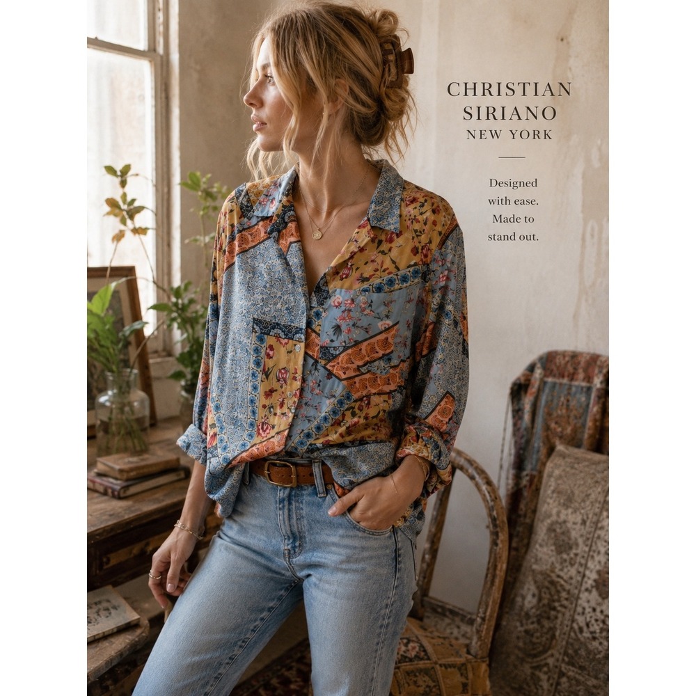 Christian Siriano Patchwork Floral Boho Blouse Women's Button Front Romantic Top